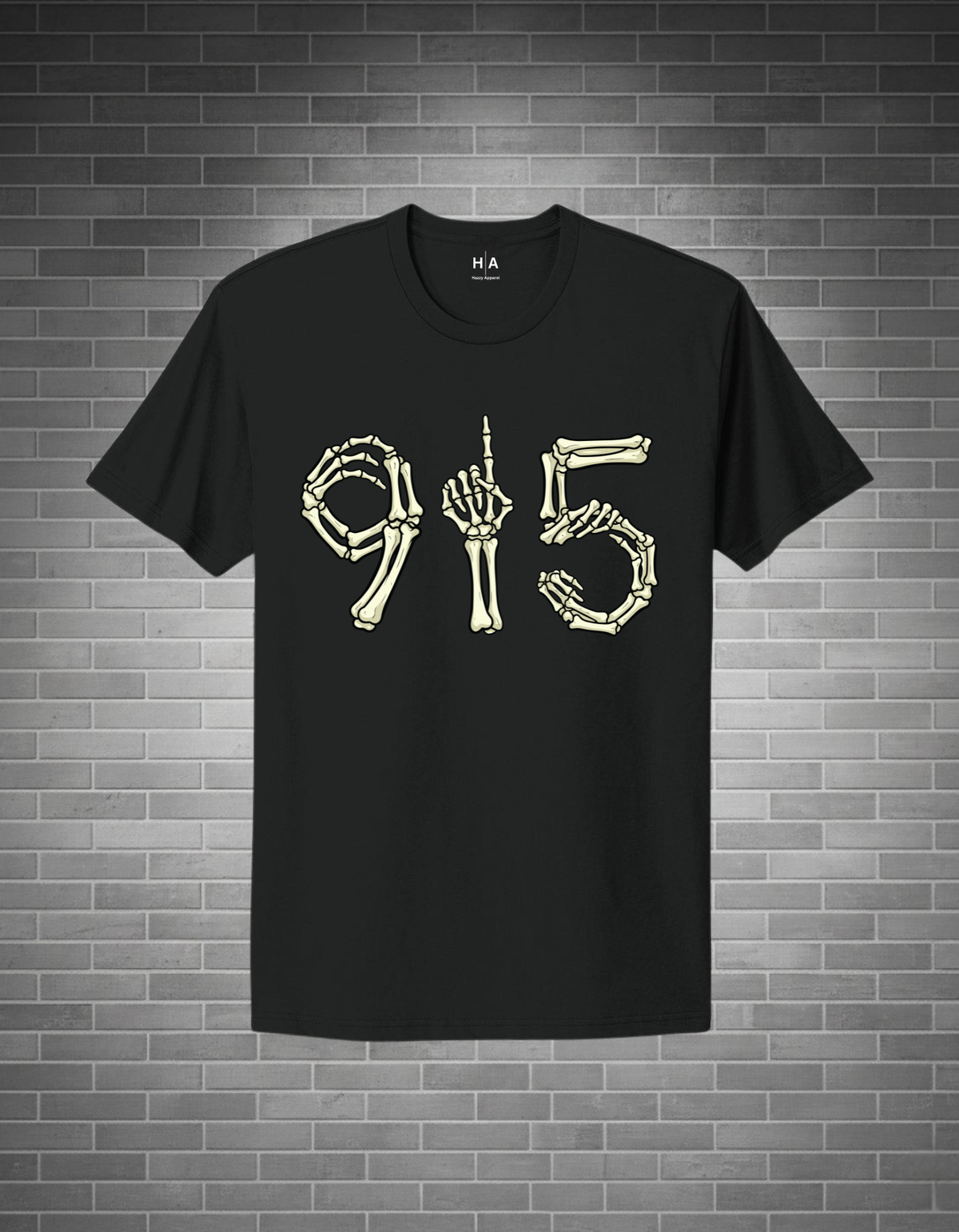 Black t-shirt with skeleton hand and number design on a brick wall background