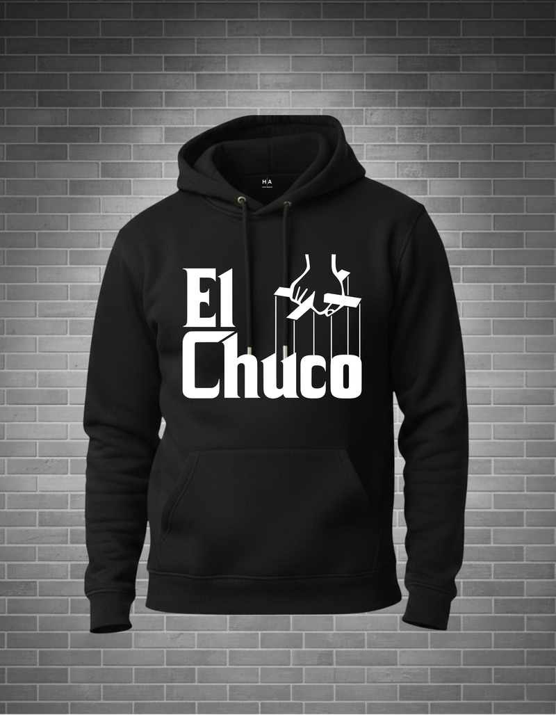 hoodie with el chuco godfather Marionette logo grey brickwall background