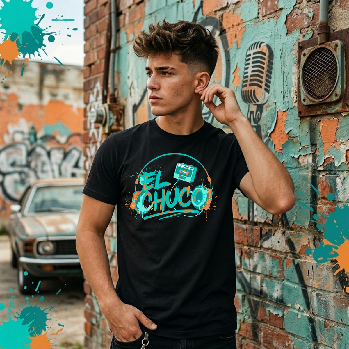 Person wearing a black t-shirt with 'El Chuco' design in front of a graffiti-covered wall.