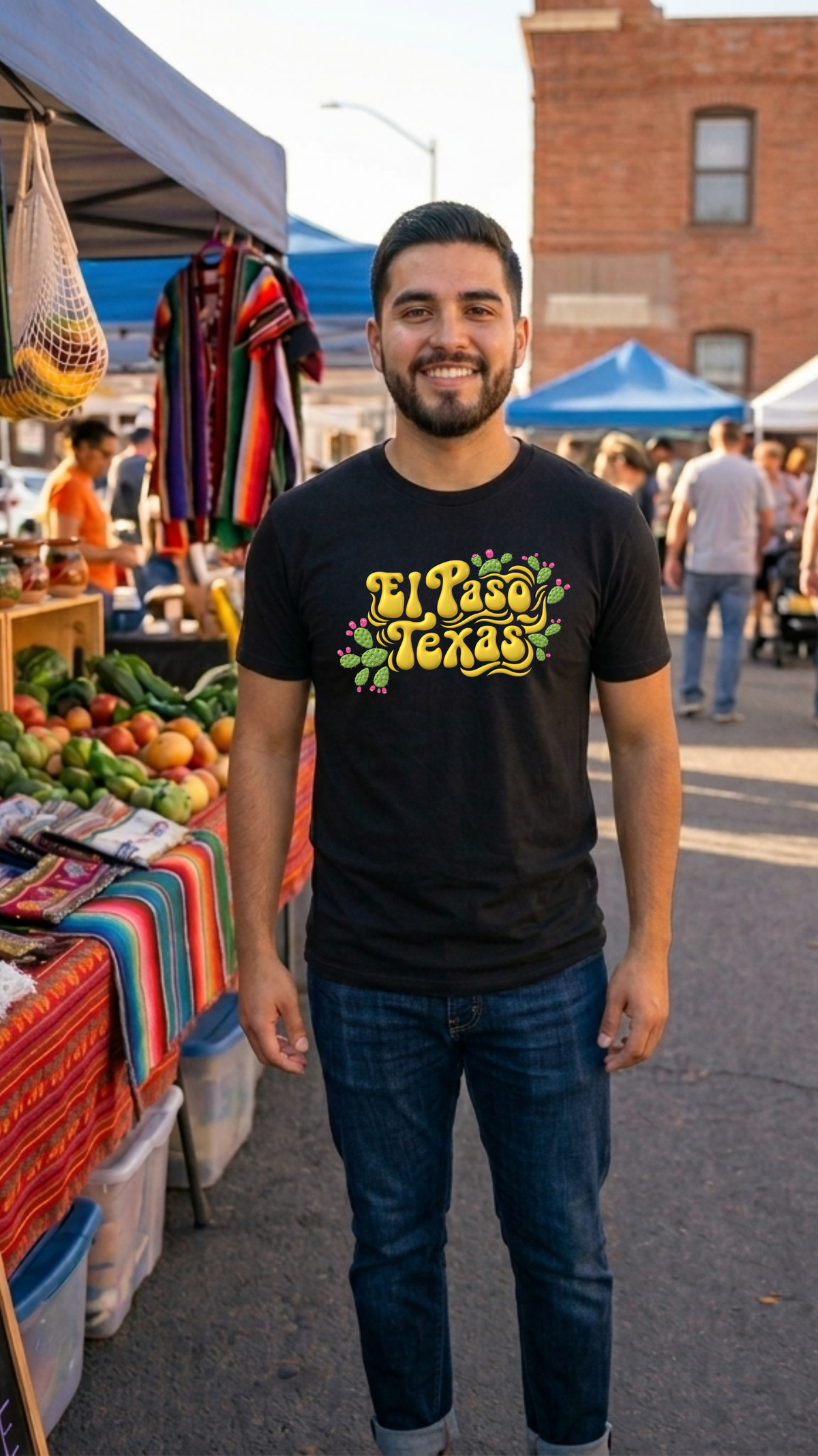 man wearing black shirt market background