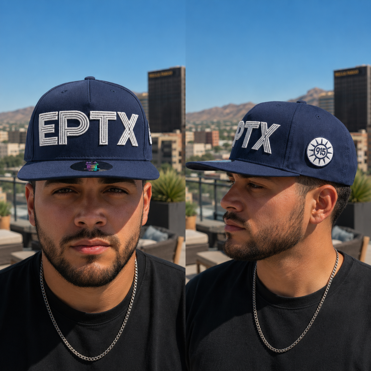 blue hat with rooftop background
