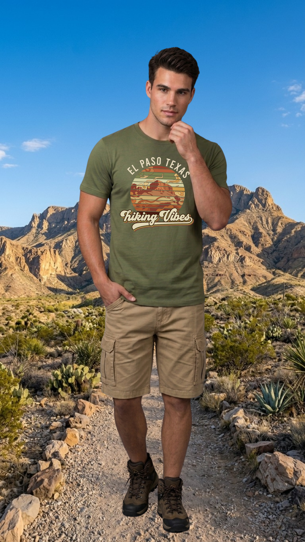 Man wearing a green t-shirt with 'El Paso Texas Feeling Vibes' text in a desert landscape.