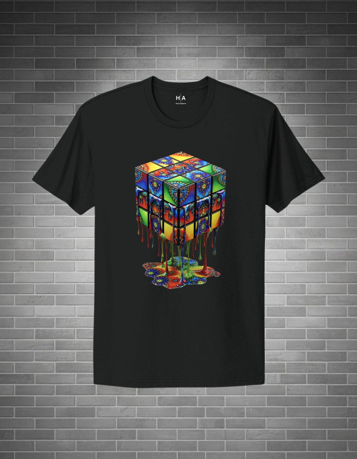Black t-shirt with a colorful cube design on a brick wall background