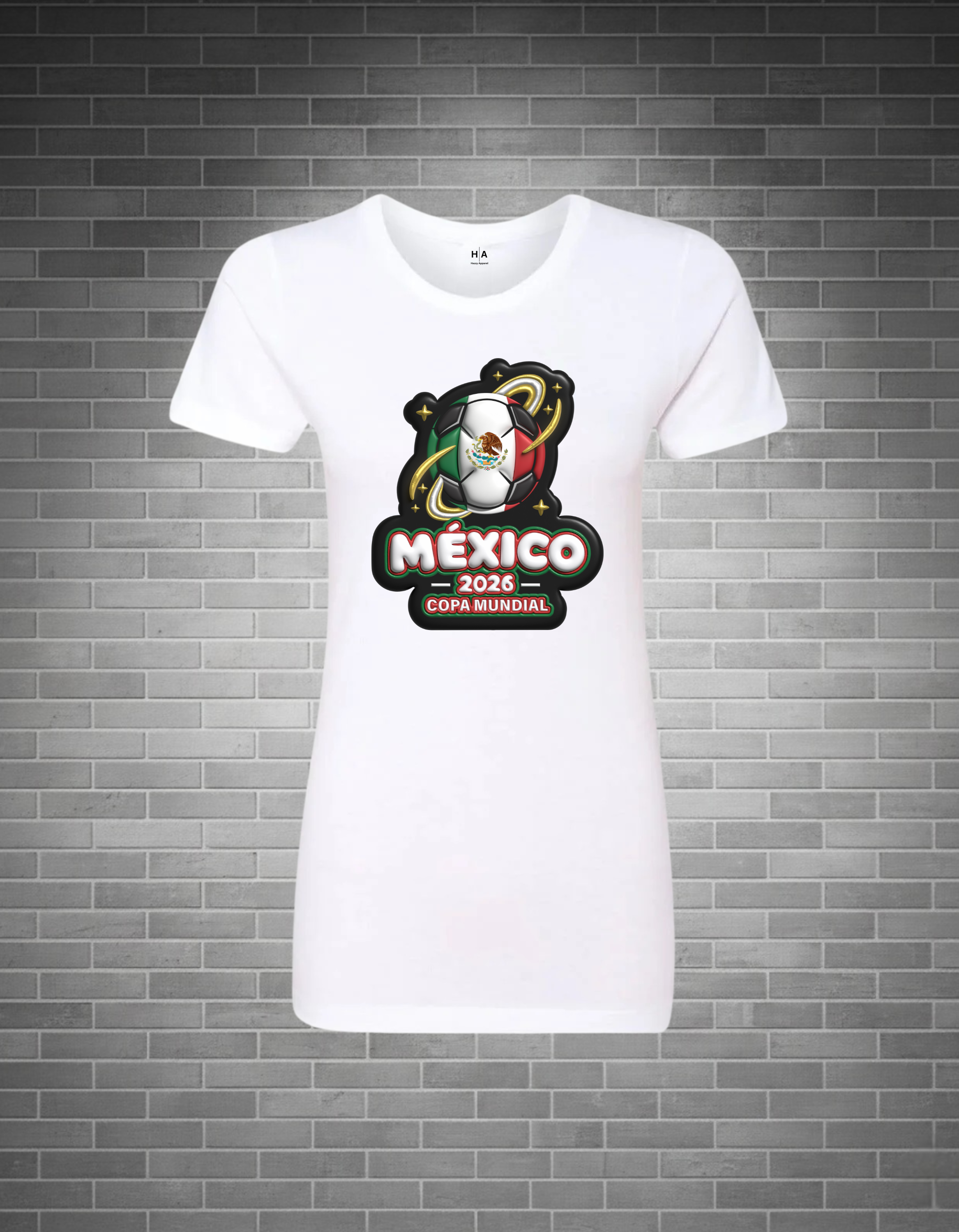 White t-shirt with a 'Mexico 2026 Copa Mundial' graphic on a brick wall background