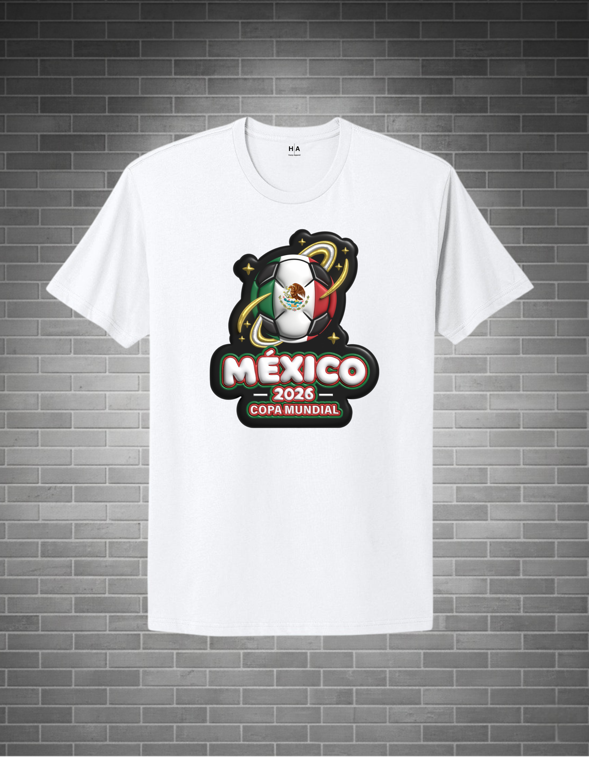 White t-shirt with Mexico 2026 Copa Mundial logo on a brick wall background