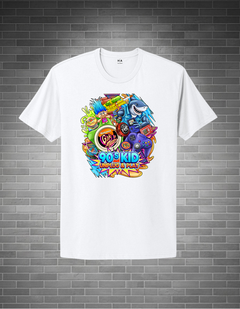 White t-shirt with colorful graphic design on a brick wall background