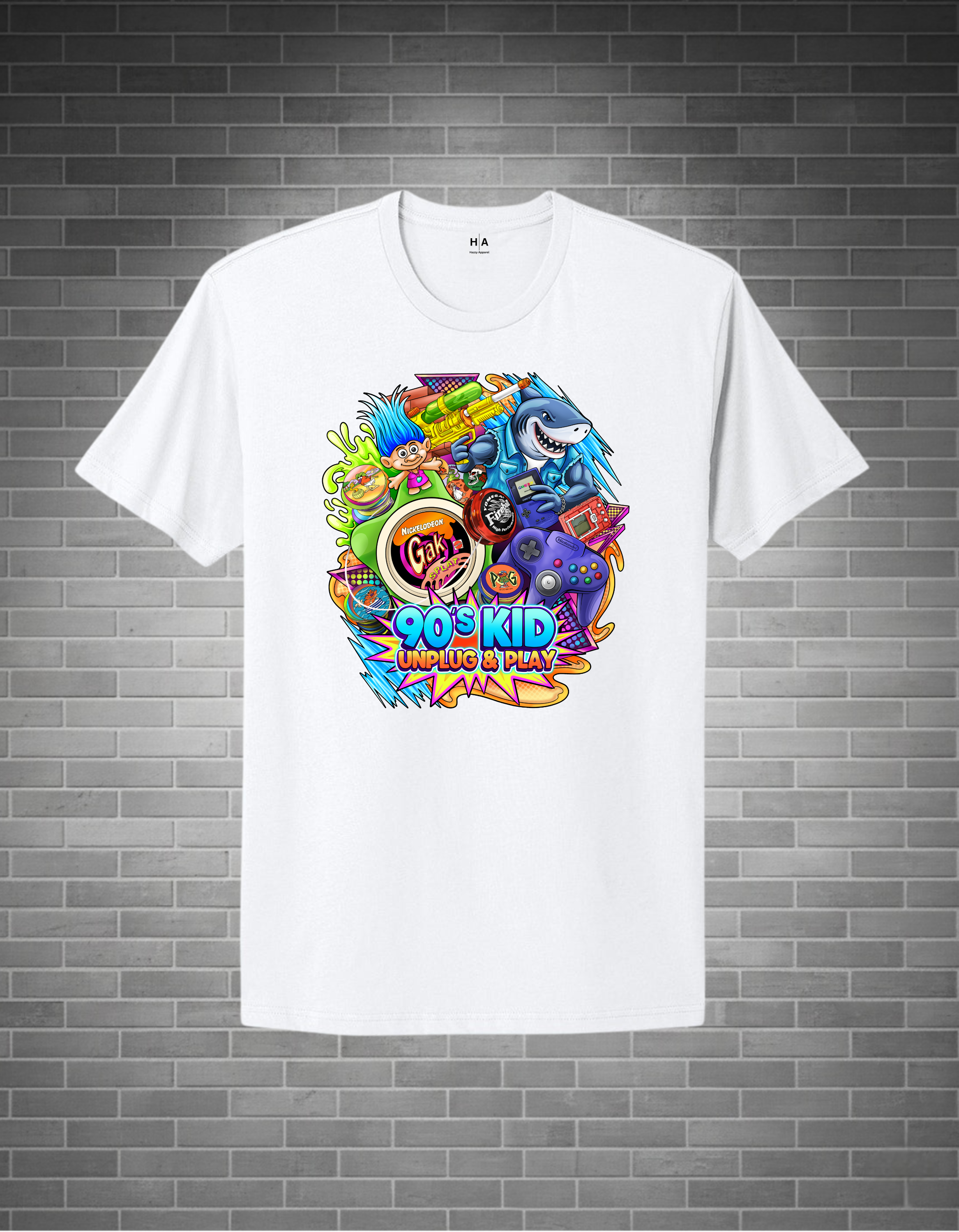 White t-shirt with colorful graphic design on a brick wall background
