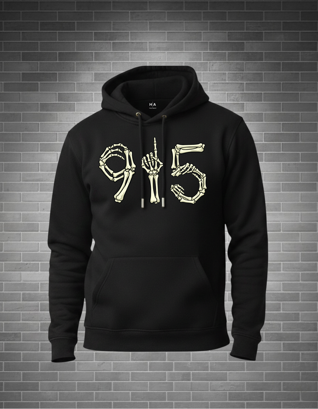 Black hoodie with skeleton hands and numbers design on a brick wall background