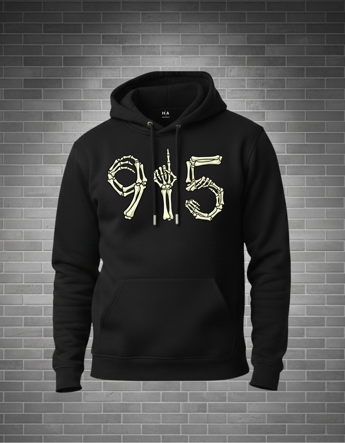 Black hoodie with skeleton hands and numbers design on a brick wall background