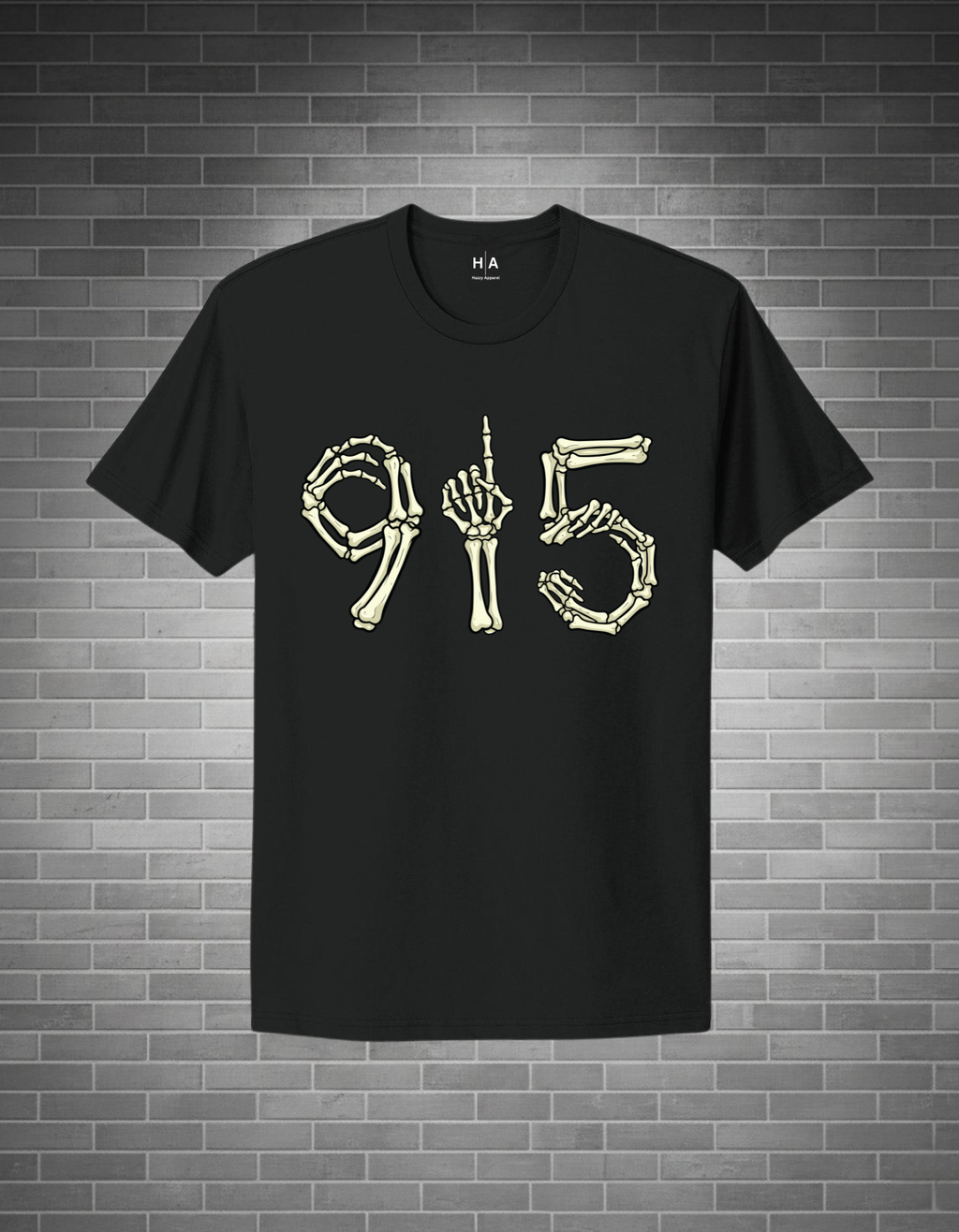 Black t-shirt with skeleton hand and number design on a brick wall background