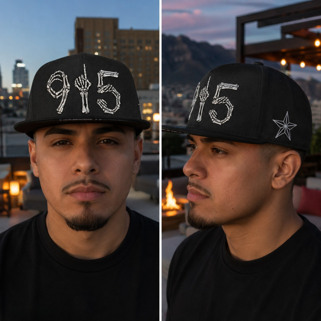 Two views of a person wearing a black cap with '915' design, one facing forward and one side profile, against an urban background.
