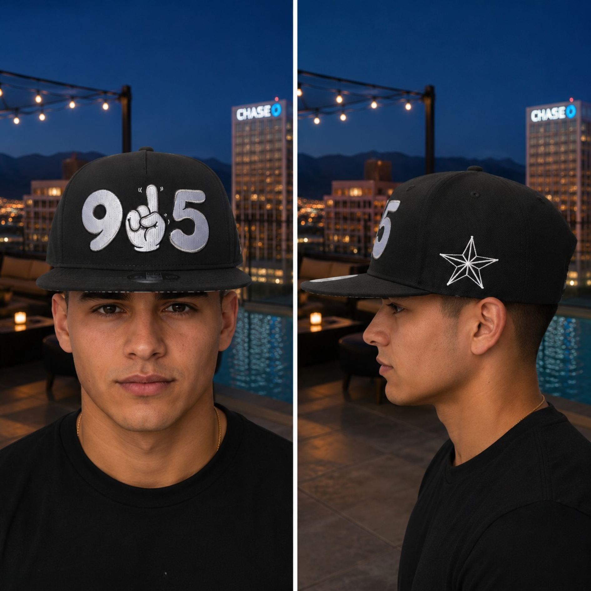 Two views of a person wearing a black cap with a design, against an evening cityscape background.