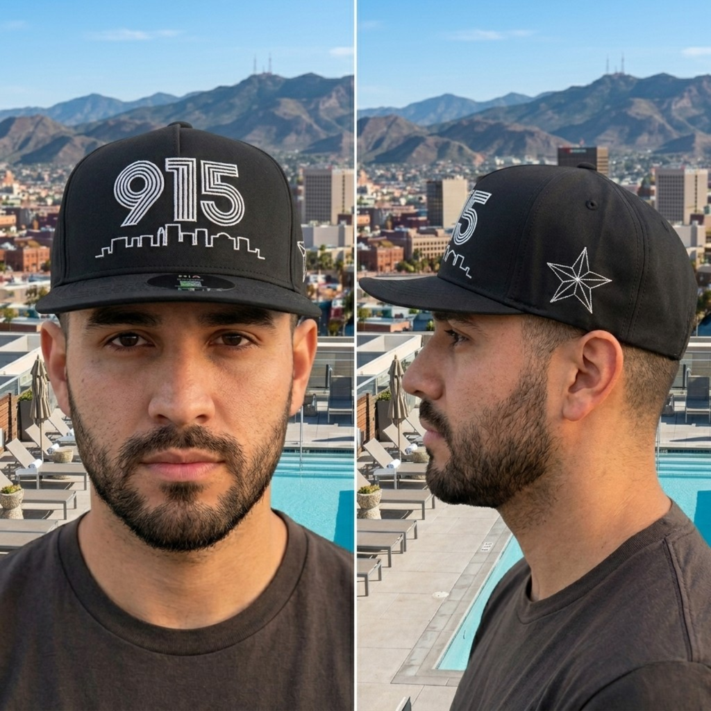 Two views of a man wearing a black cap with '915' design against a cityscape background.
