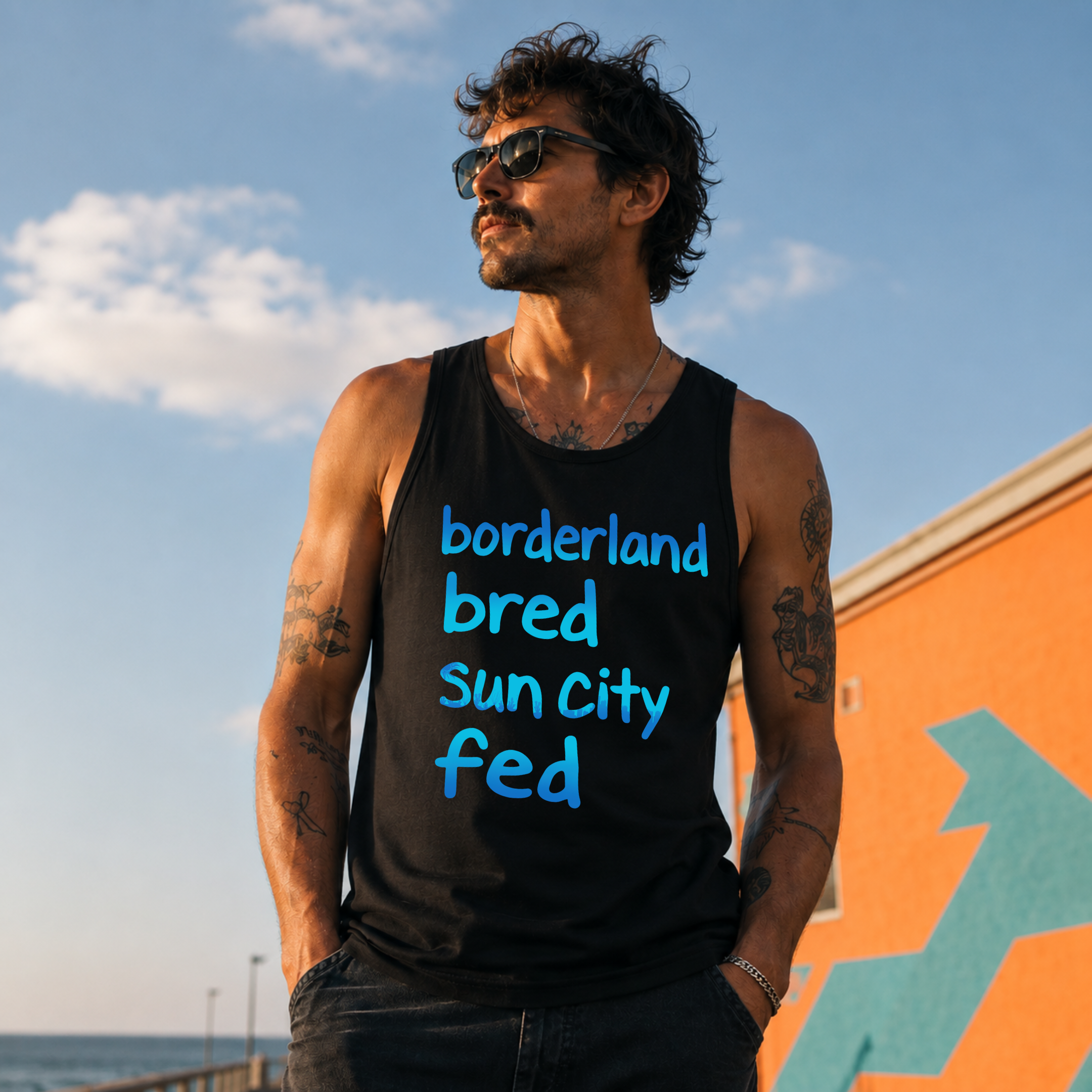 A man wearing a black tank top with blue text reading 'borderland bred sun city fed' stands outdoors against a blue sky and an orange building.