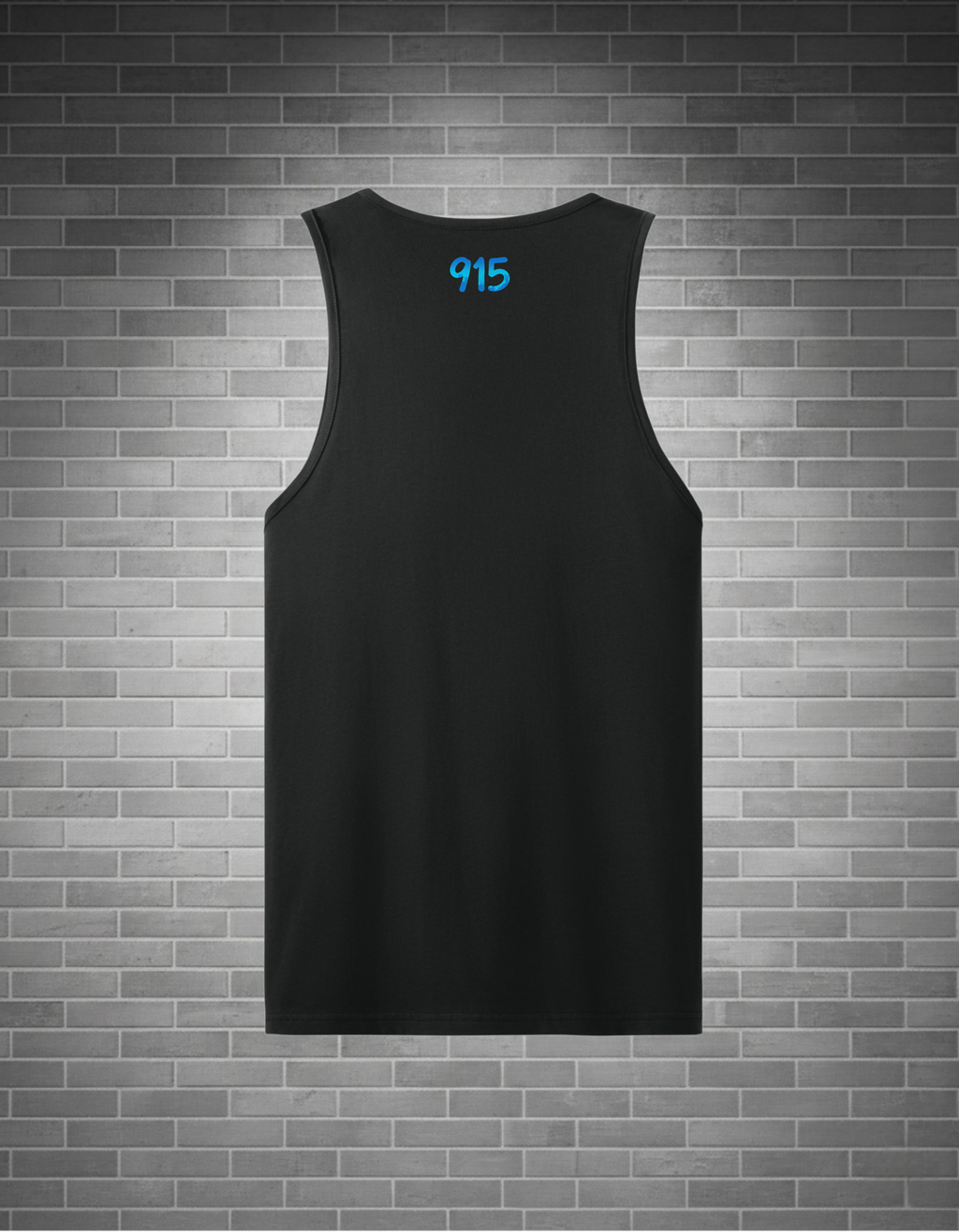 A black sleeveless tank top with the number '915' printed in bright blue on the upper back, displayed against a gray brick wall background.