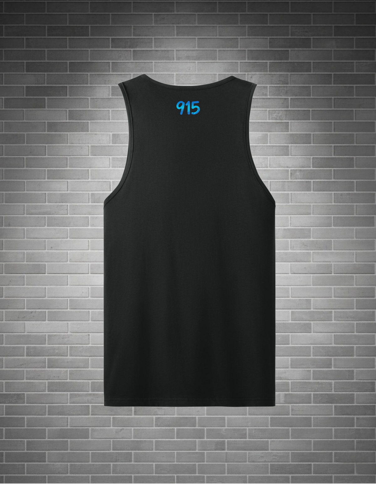 A black sleeveless tank top with the number '915' printed in bright blue on the upper back, displayed against a gray brick wall background.