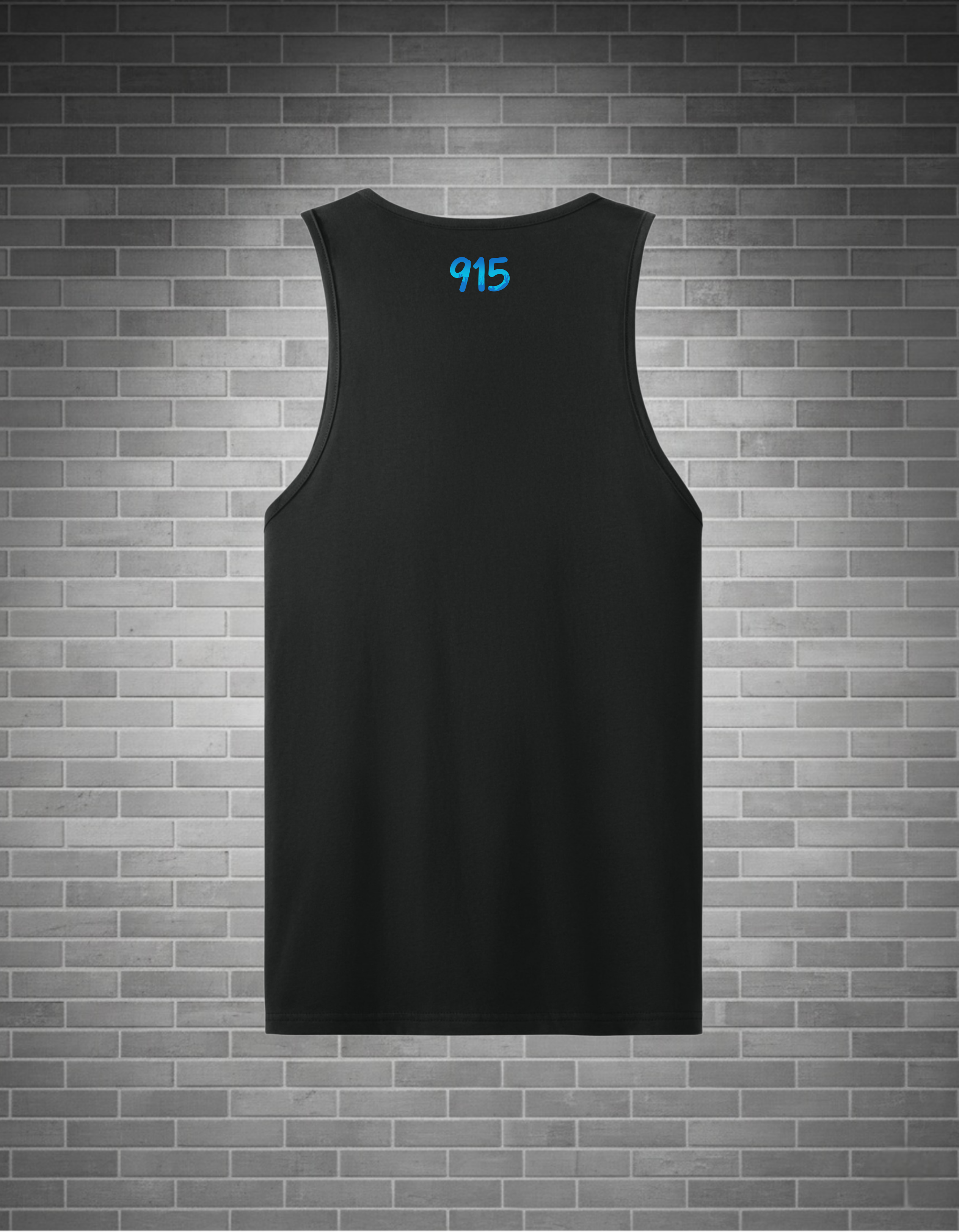 A black sleeveless tank top with the number '915' printed in bright blue on the upper back, displayed against a gray brick wall background.