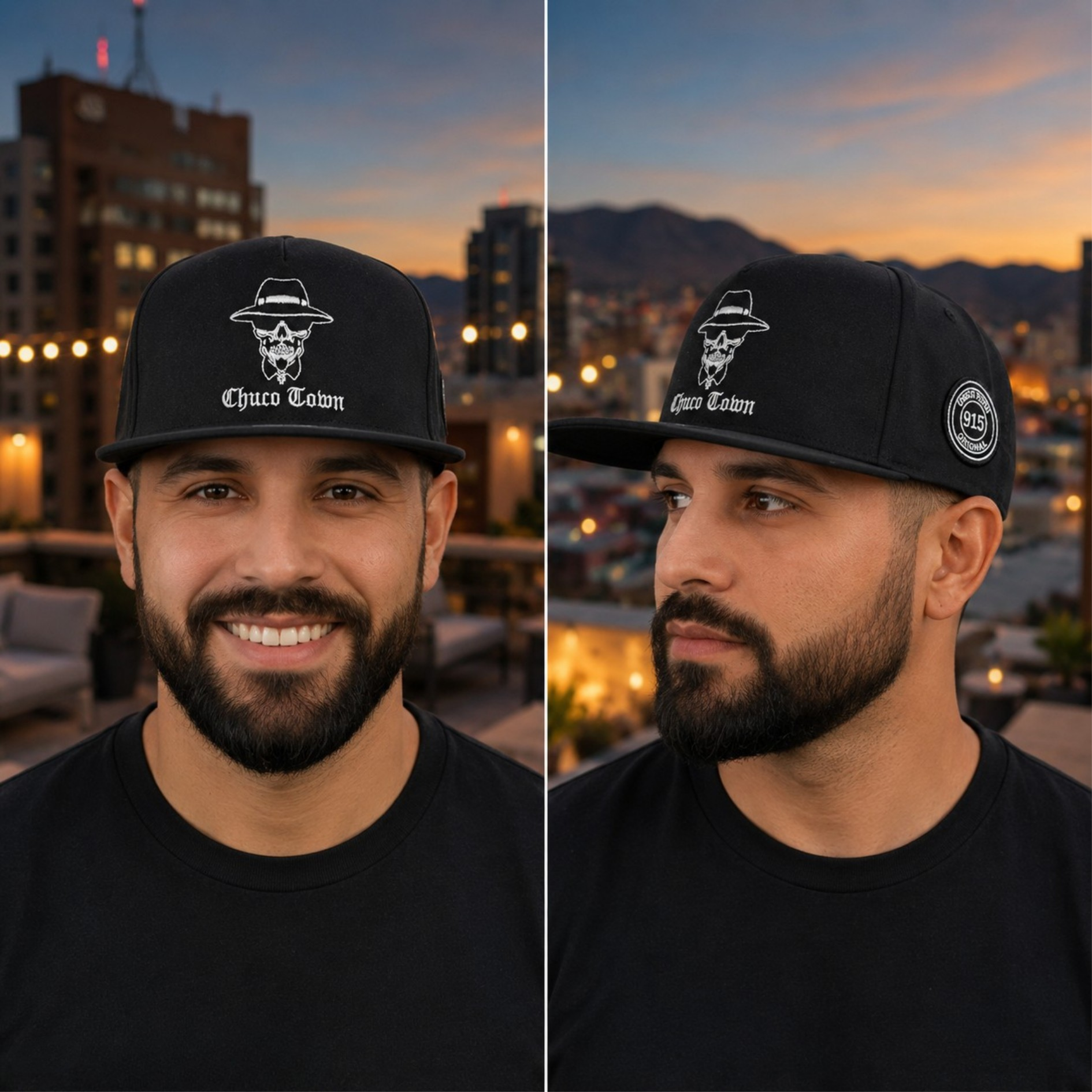 Man wearing a black cap with a logo and text, standing against a cityscape background.