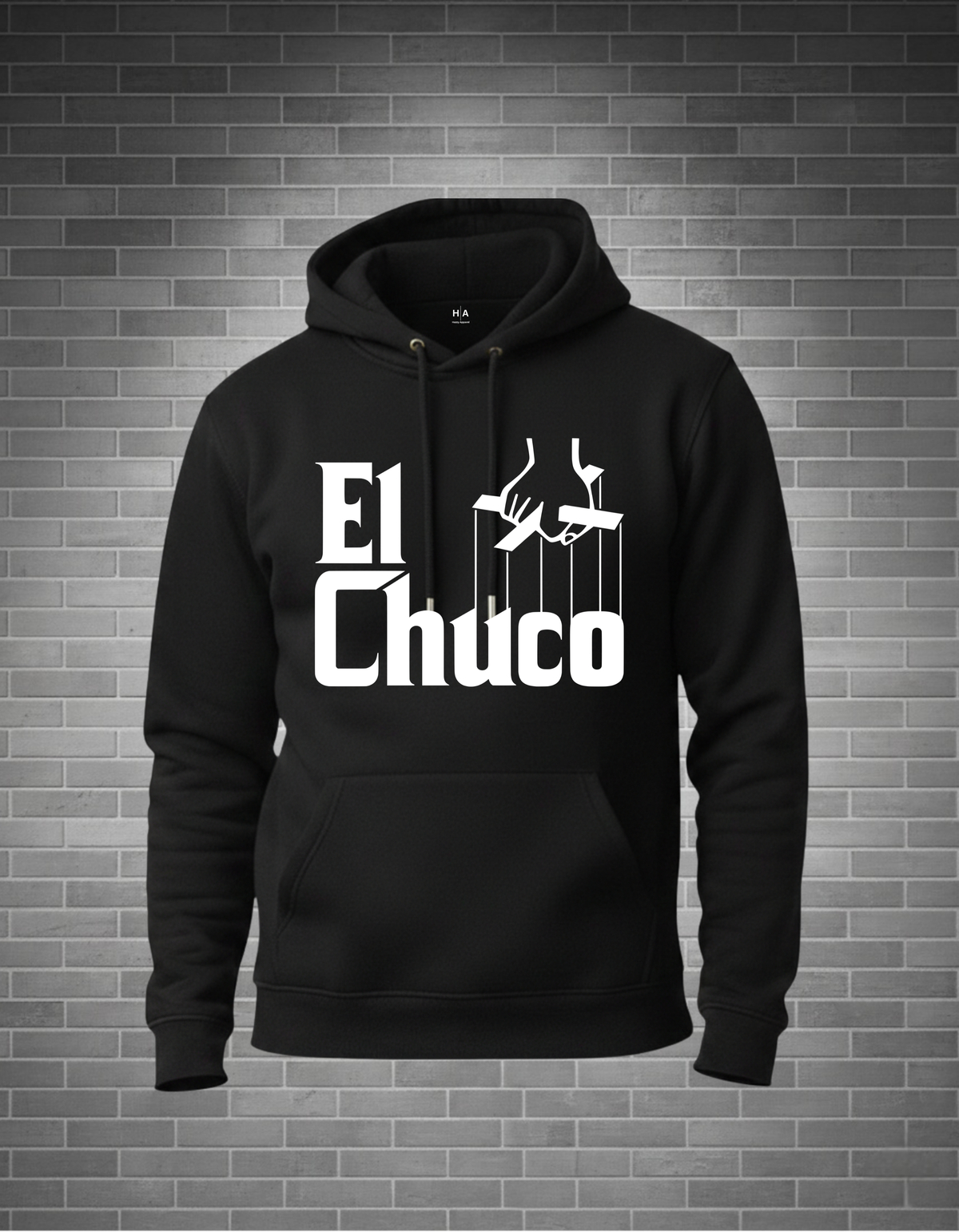 hoodie with el chuco godfather Marionette logo grey brickwall background