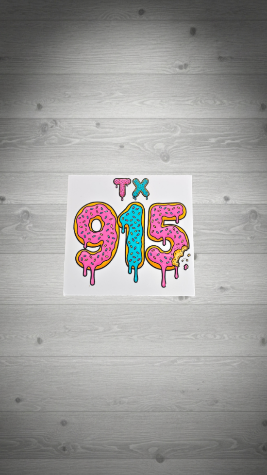 A square white art print featuring the text 'TX 915' in a colorful, dripping graffiti font, displayed on a gray wood plank background.