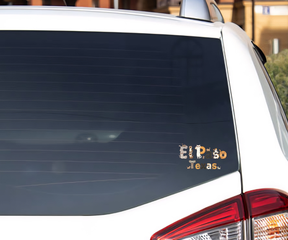 Car with a decal on the back window, showing el paso texas in cats