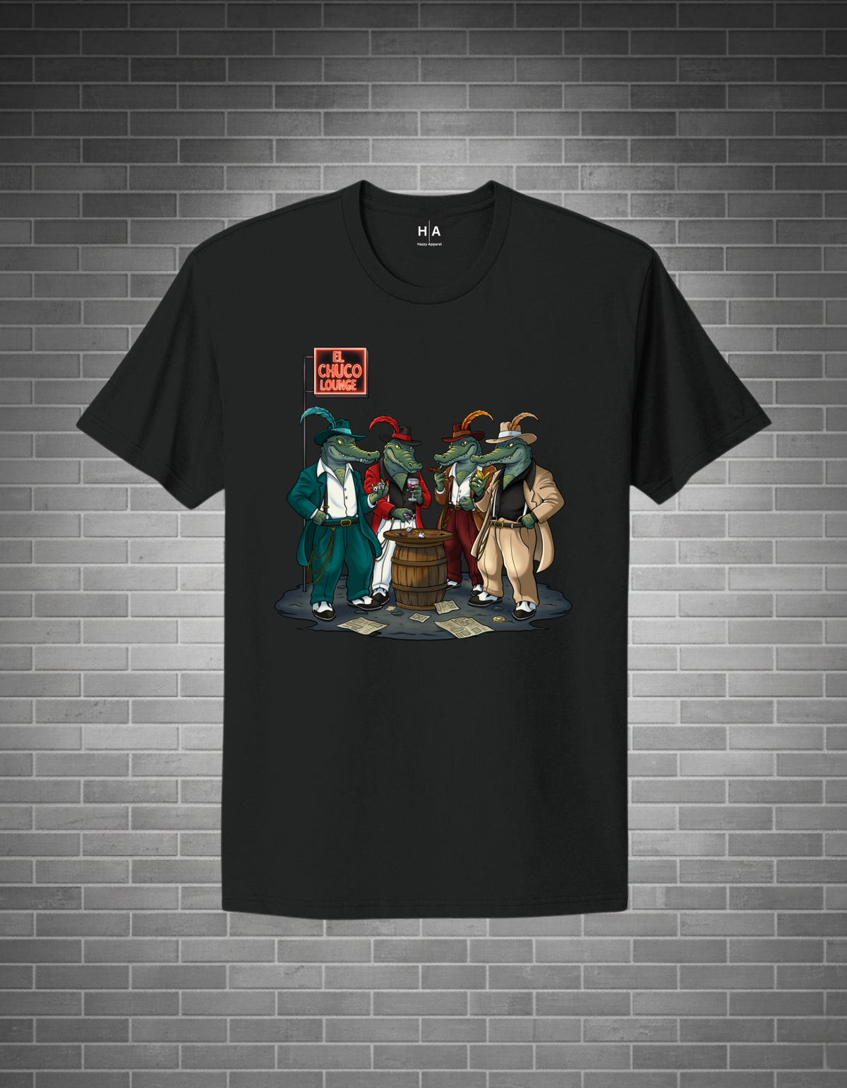 Black t-shirt with graphic design of four animated characters on a brick wall background