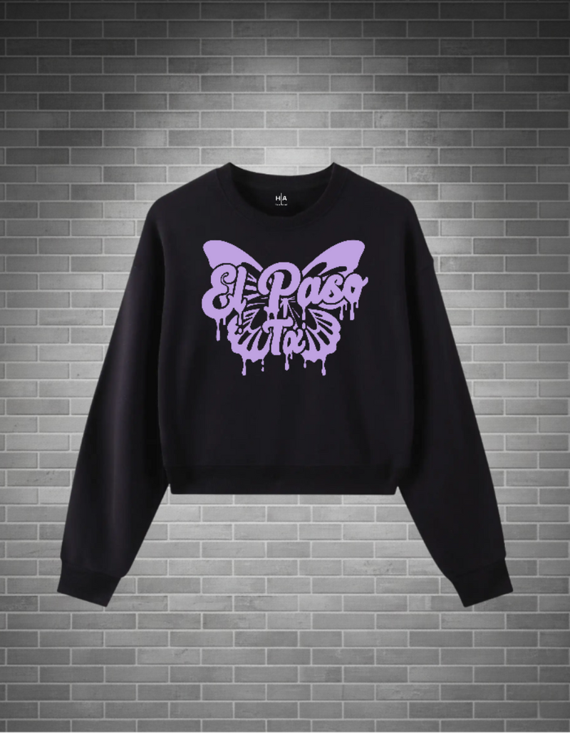 Black sweatshirt with a purple butterfly design on a brick wall background