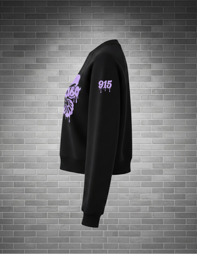 Black sweatshirt with purple 915 melting graphics on a brick wall background