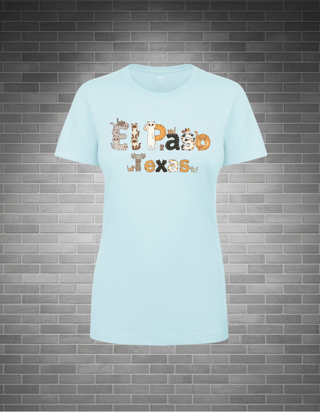 Light blue t-shirt with 'El Paso Texas' cat text on a brick wall background