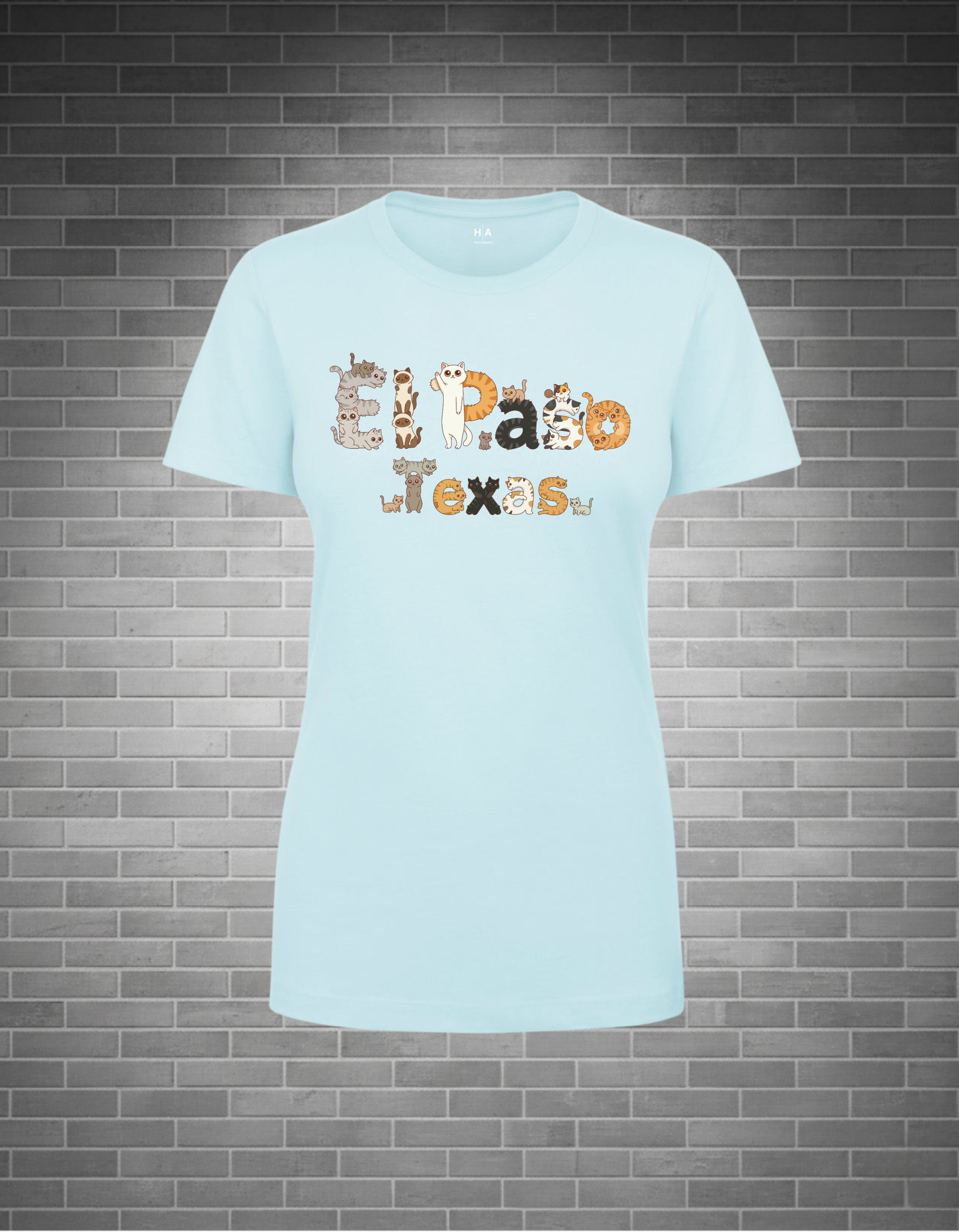 Light blue t-shirt with 'El Paso Texas' cat text on a brick wall background