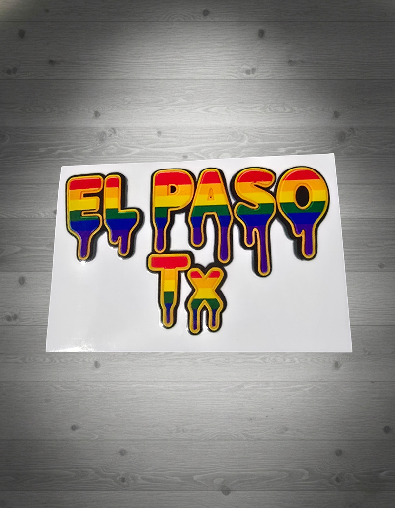 Colorful 'El Paso TX' text UV Sticker on grey wooden background