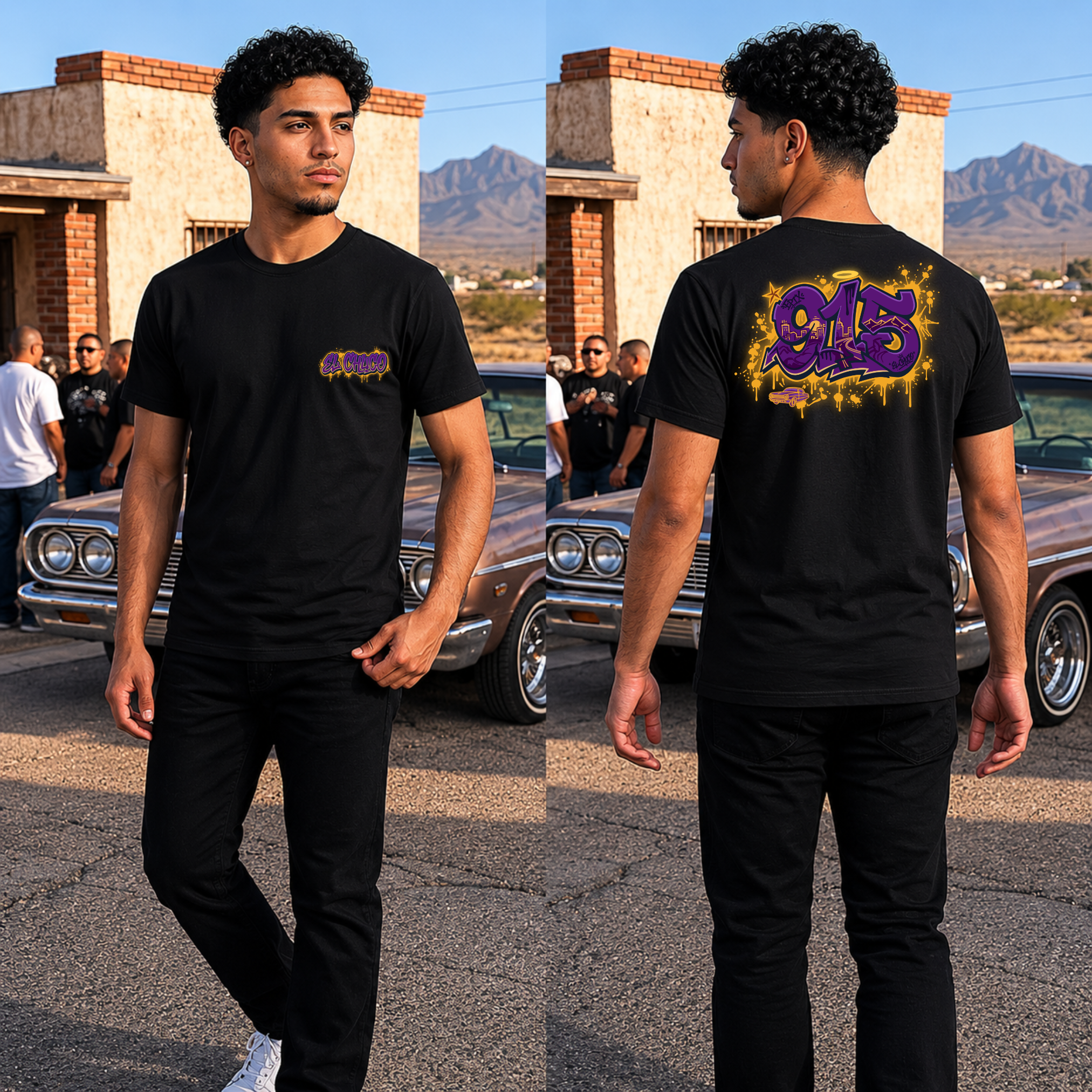 model wearing black shirt with el chuco graffiti 