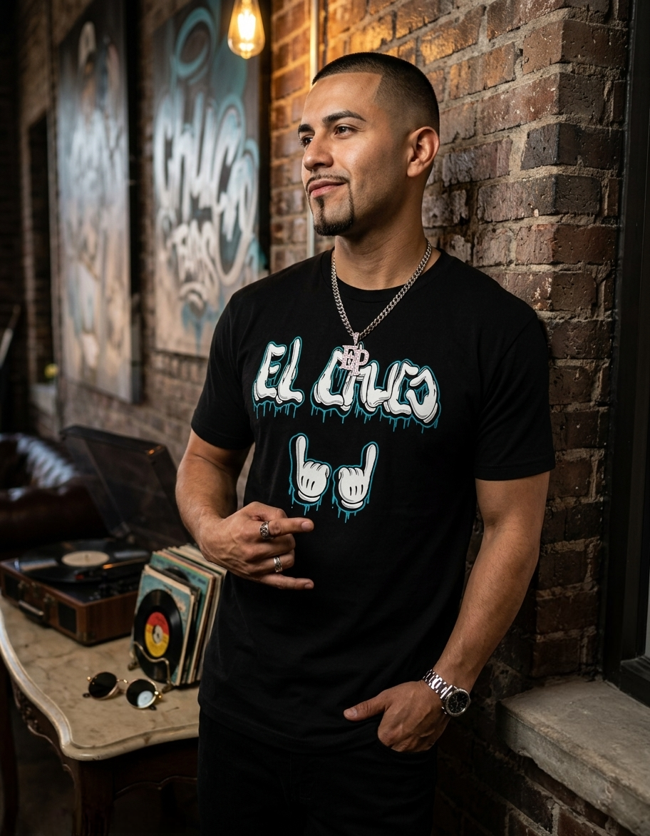 Man wearing a black t-shirt with 'El Cholo' design in a graffiti-laden room.