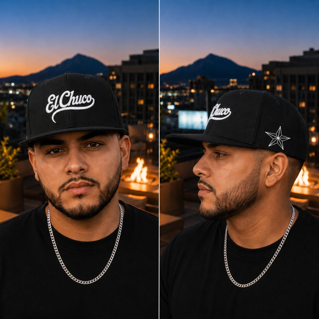 Man wearing a black 'El Chuco' cap with a mountainous background
