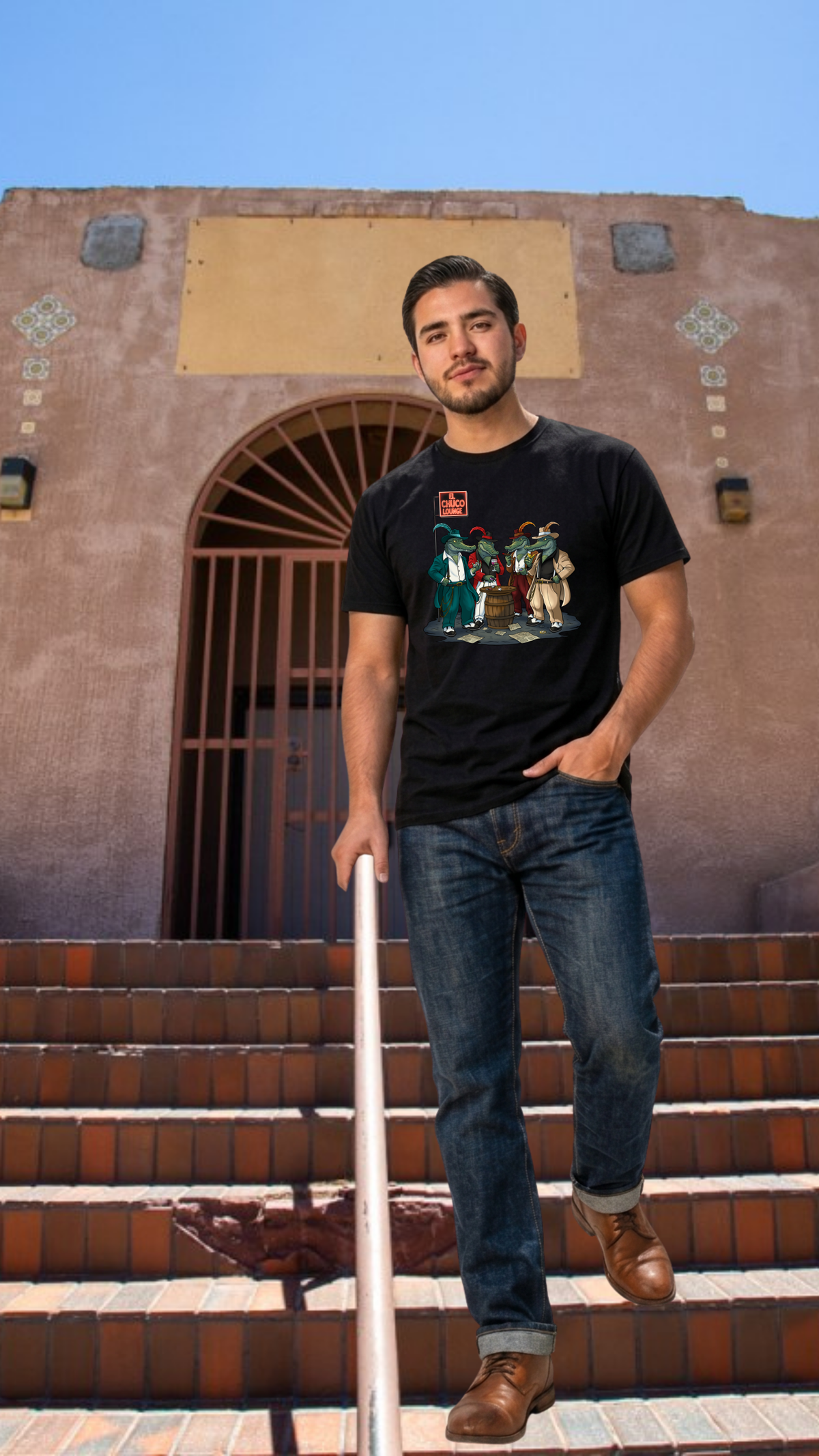 man wearing black shirt on steps