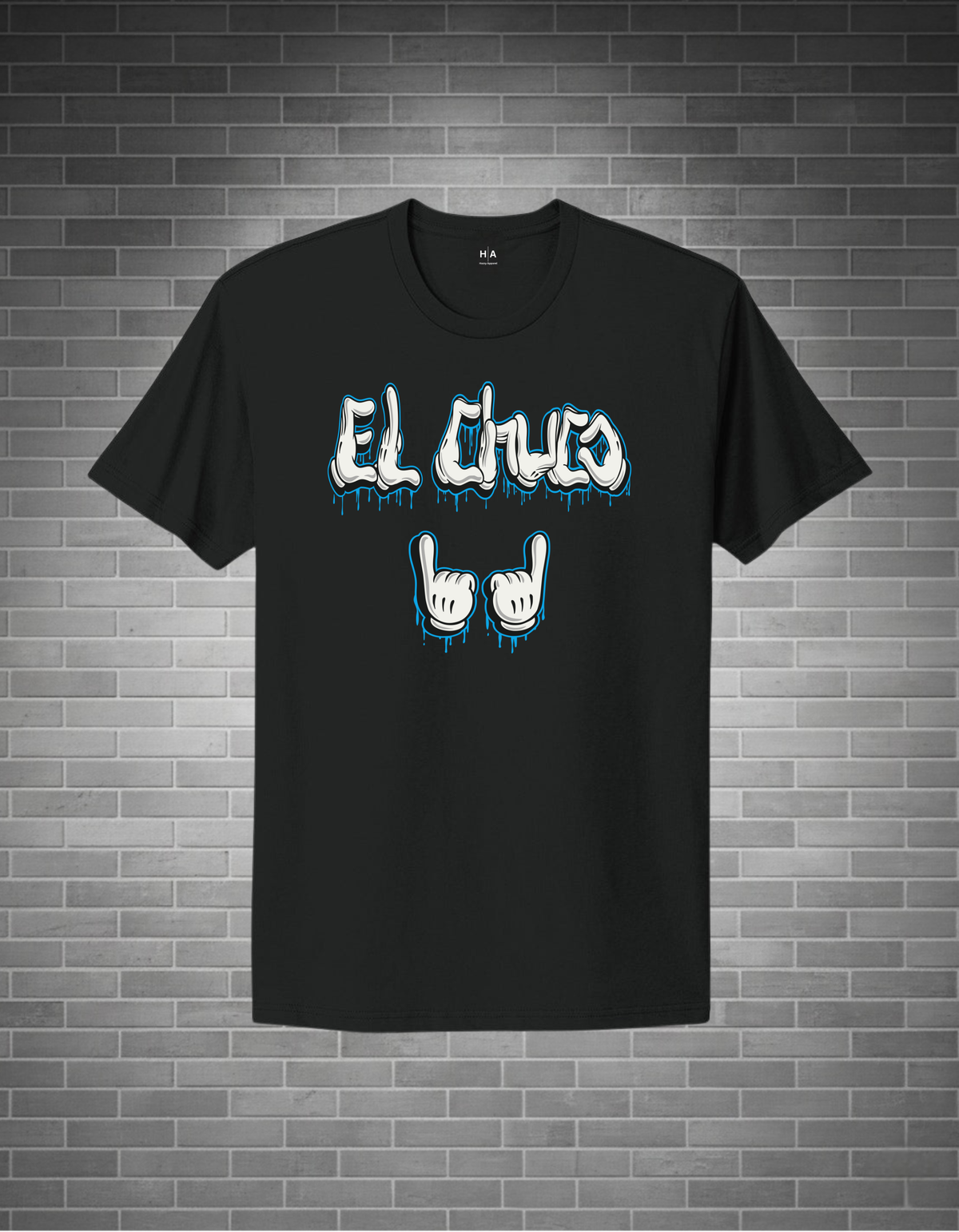 Black t-shirt with 'El Cluco' text and hand signs on a brick wall background