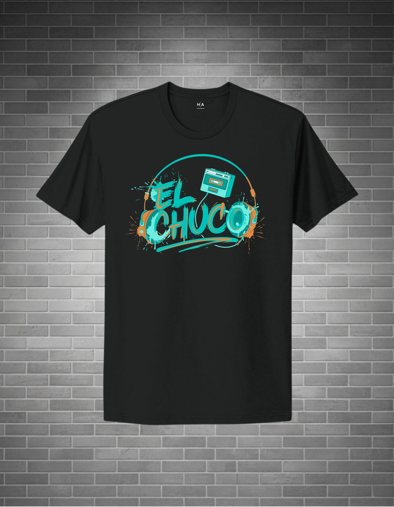 Black t-shirt with 'El Choco' graphic design on a brick wall background