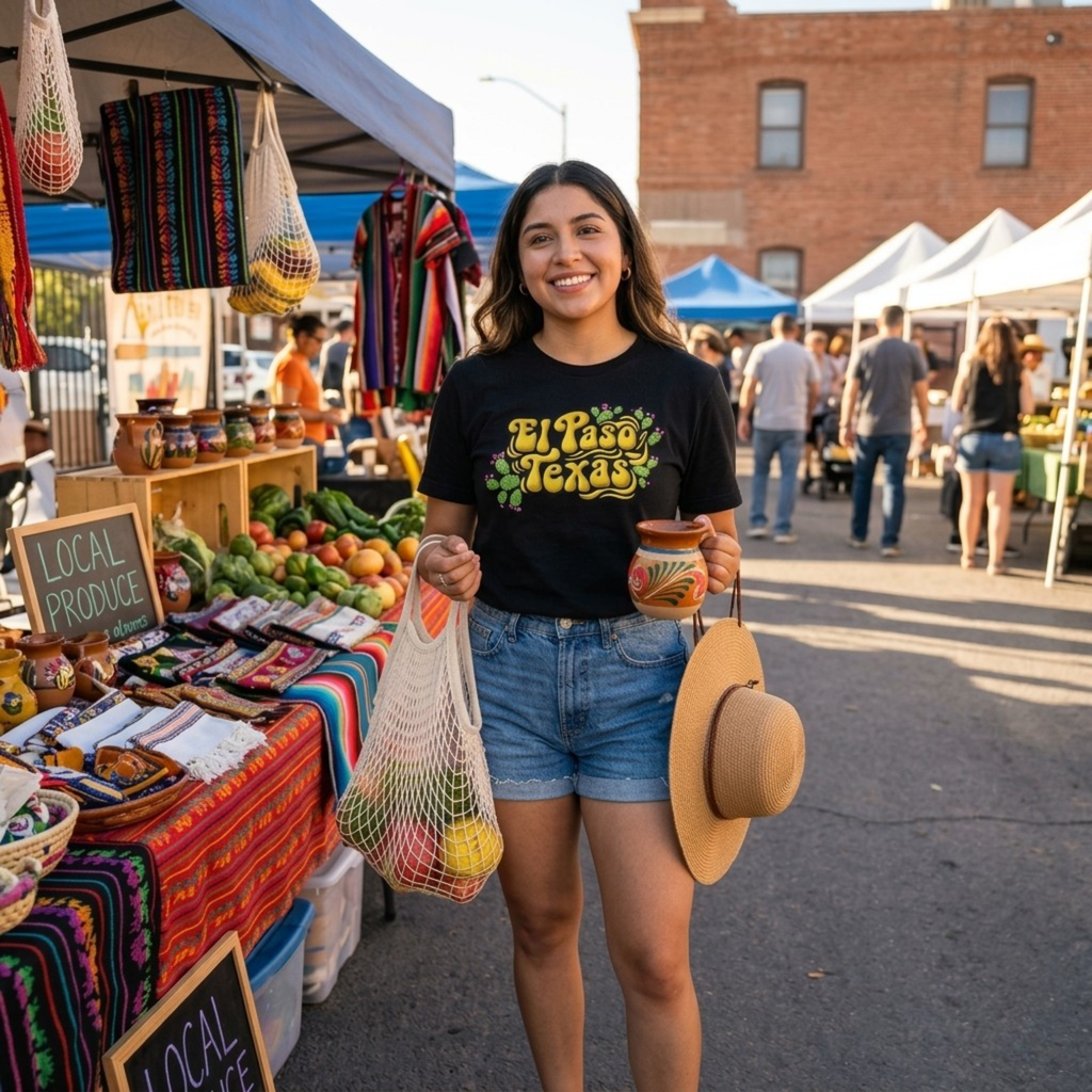 Woman holding a bag of produce and a hat at an outdoor market.