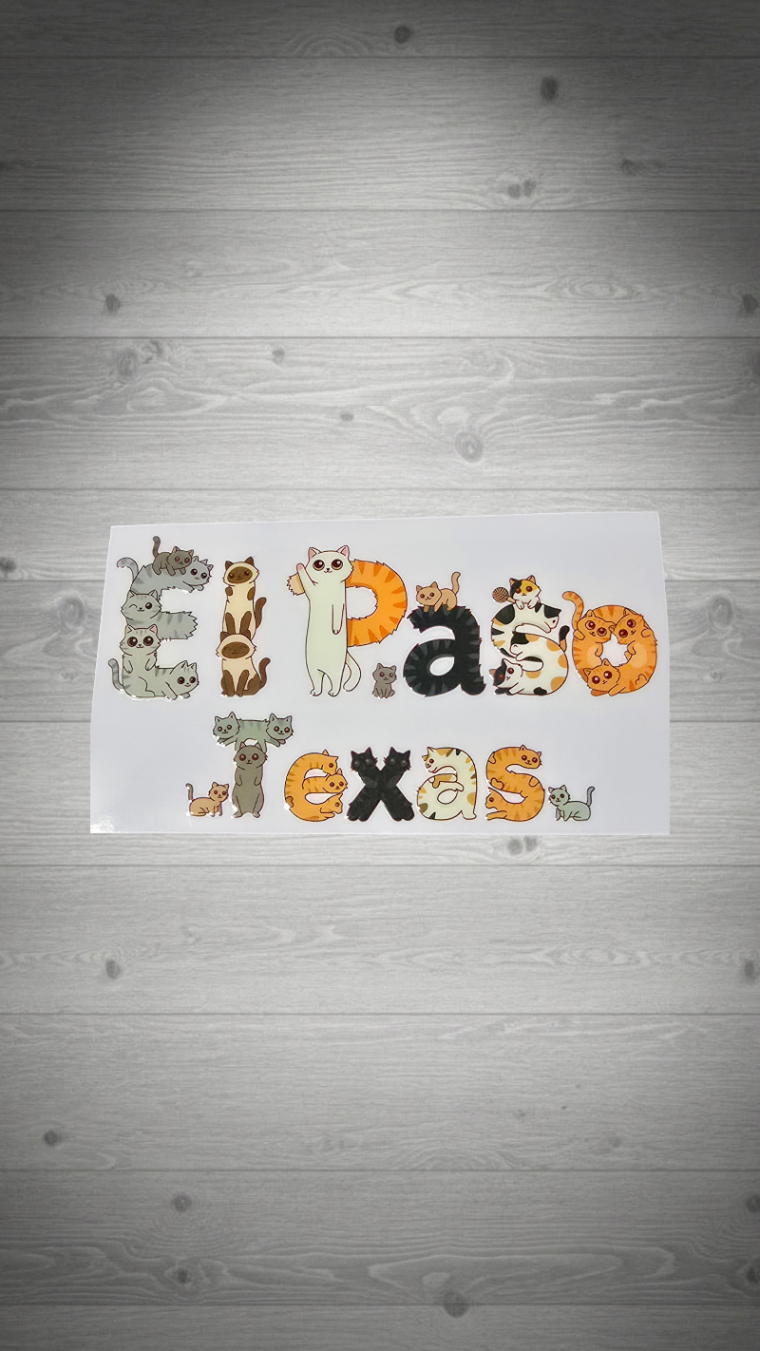 Cartoon cat-themed uv sticker with 'El Paso Texas' text on a wooden surface