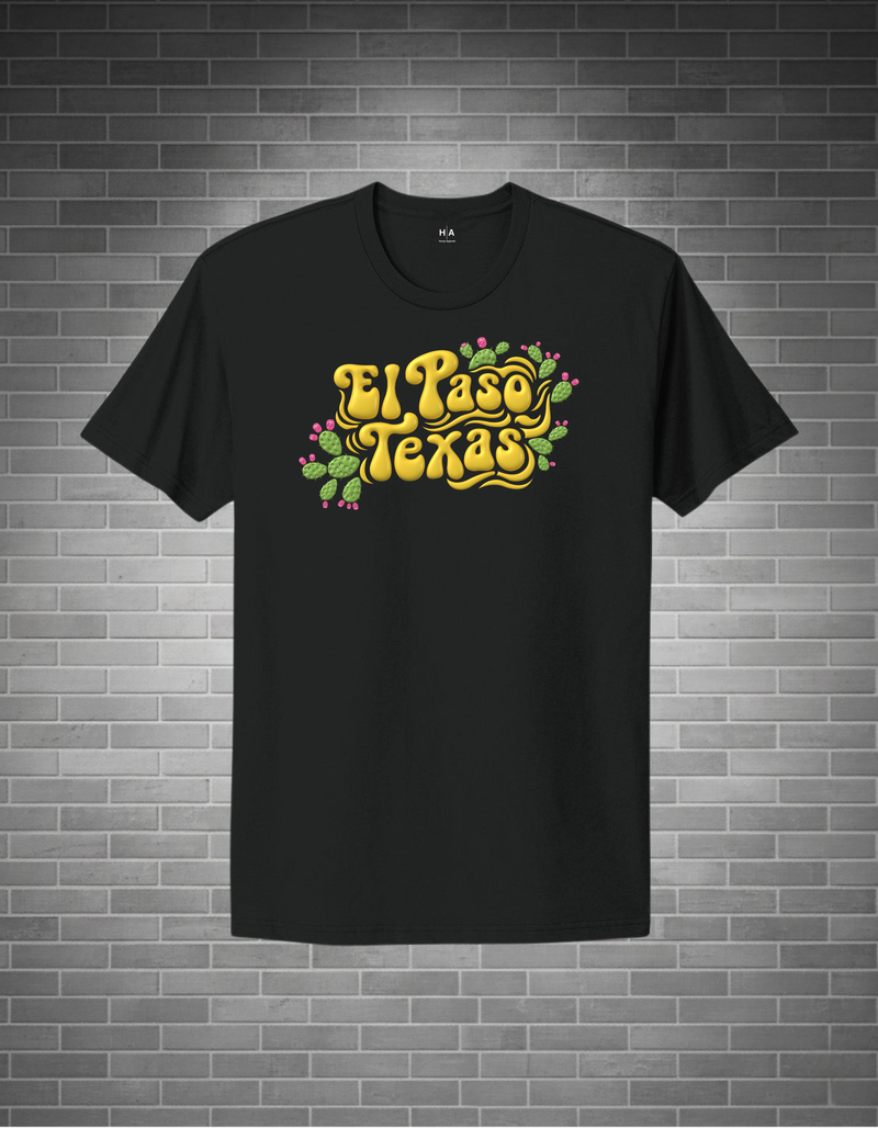Black t-shirt with 'El Paso Texas' text and cactus graphics on a brick wall background