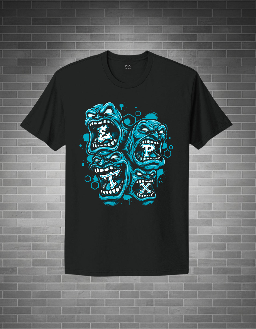 Black shirt , graffiti style art 4 faces blue turquoise. grey brick background
