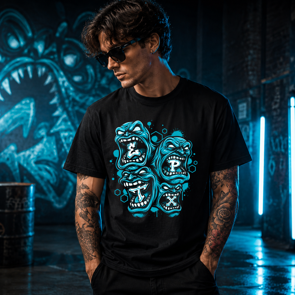 A man wearing a black graphic t-shirt with a blue and white design of four roaring gorillas, set against a dark, moody background with graffiti and neon lights.