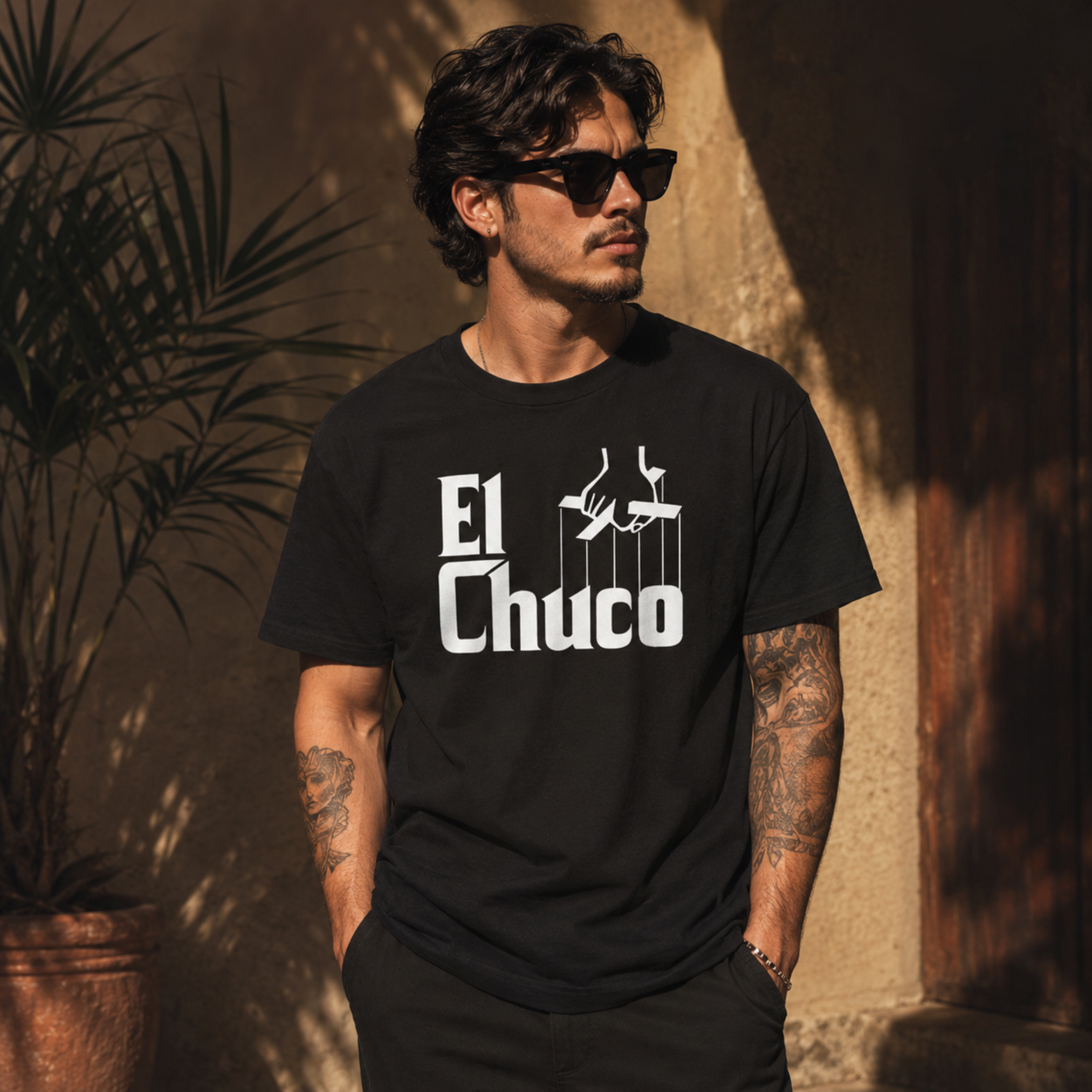 A man wearing a black t-shirt with a white graphic print that reads 'El Chuco' and shows a hand puppet show illustration, set against a warm-toned textured wall with shadows.