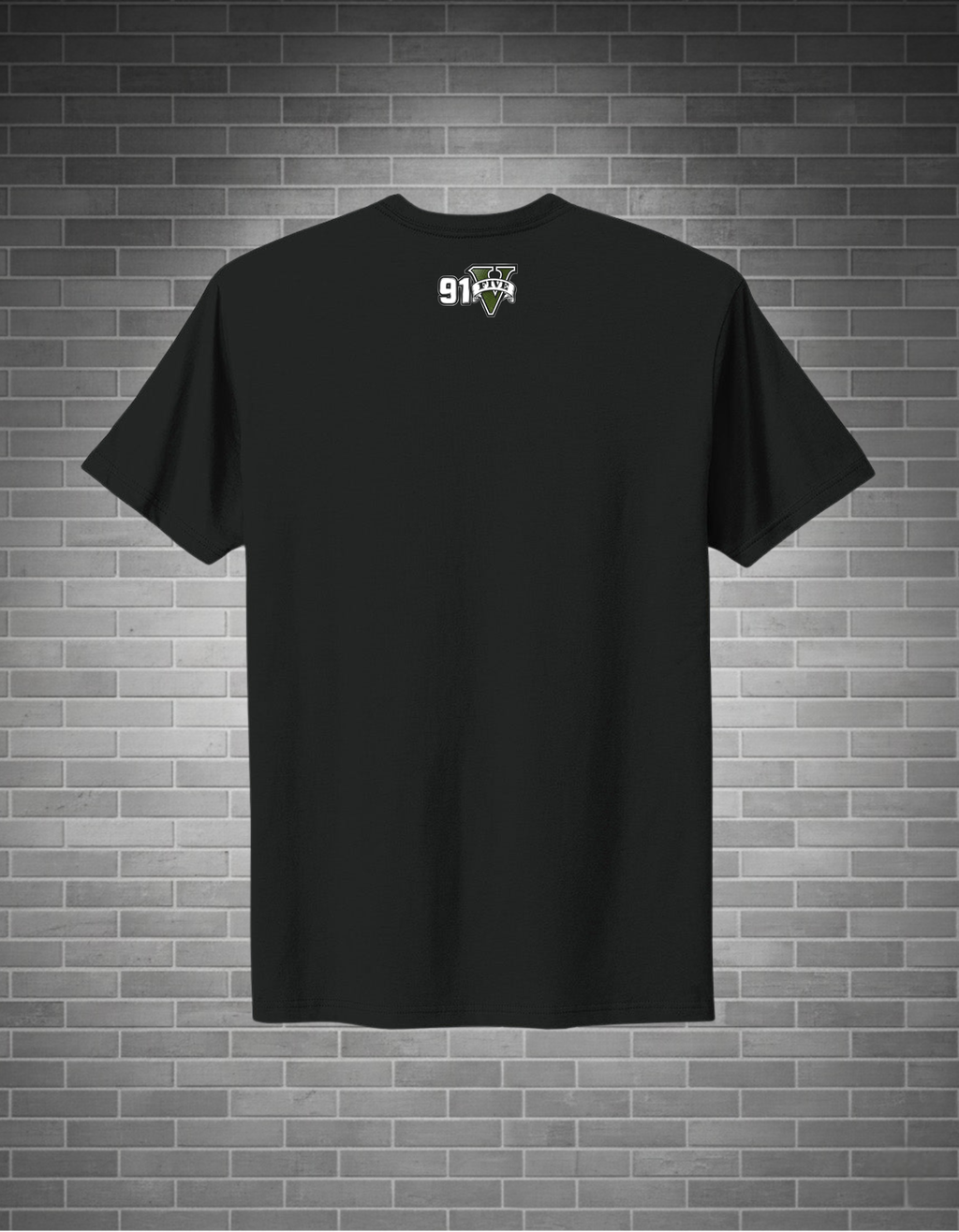 A black short-sleeve crewneck t-shirt with the white numbers '915' printed on the upper chest, displayed against a gray brick wall background.