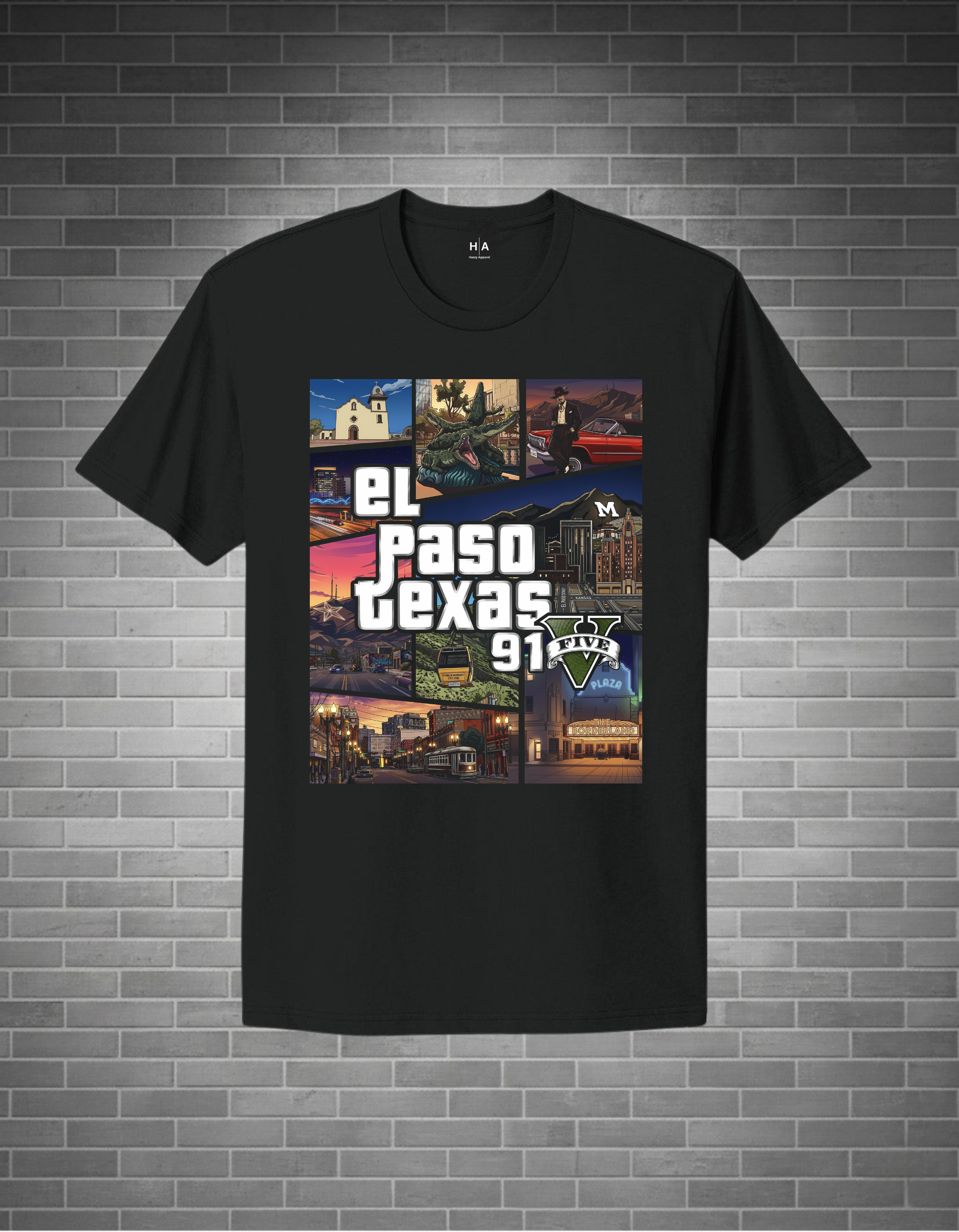A black short-sleeve t-shirt with a 'El Paso Texas 911' graphic print on the front, displayed against a gray brick wall background.