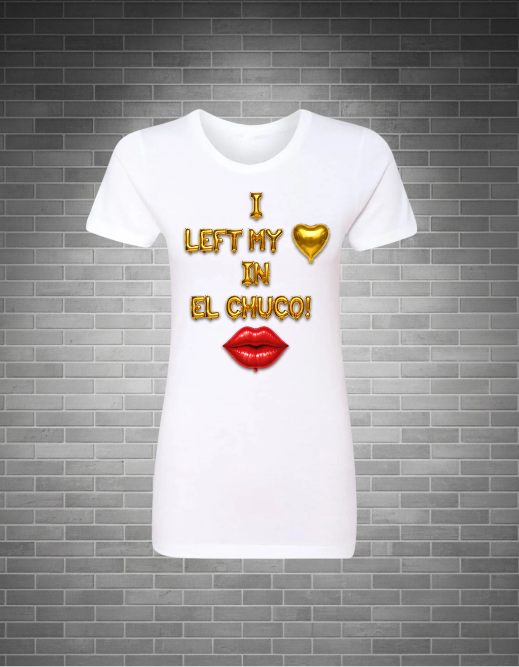 White t-shirt with graphic text and design on a brick wall background