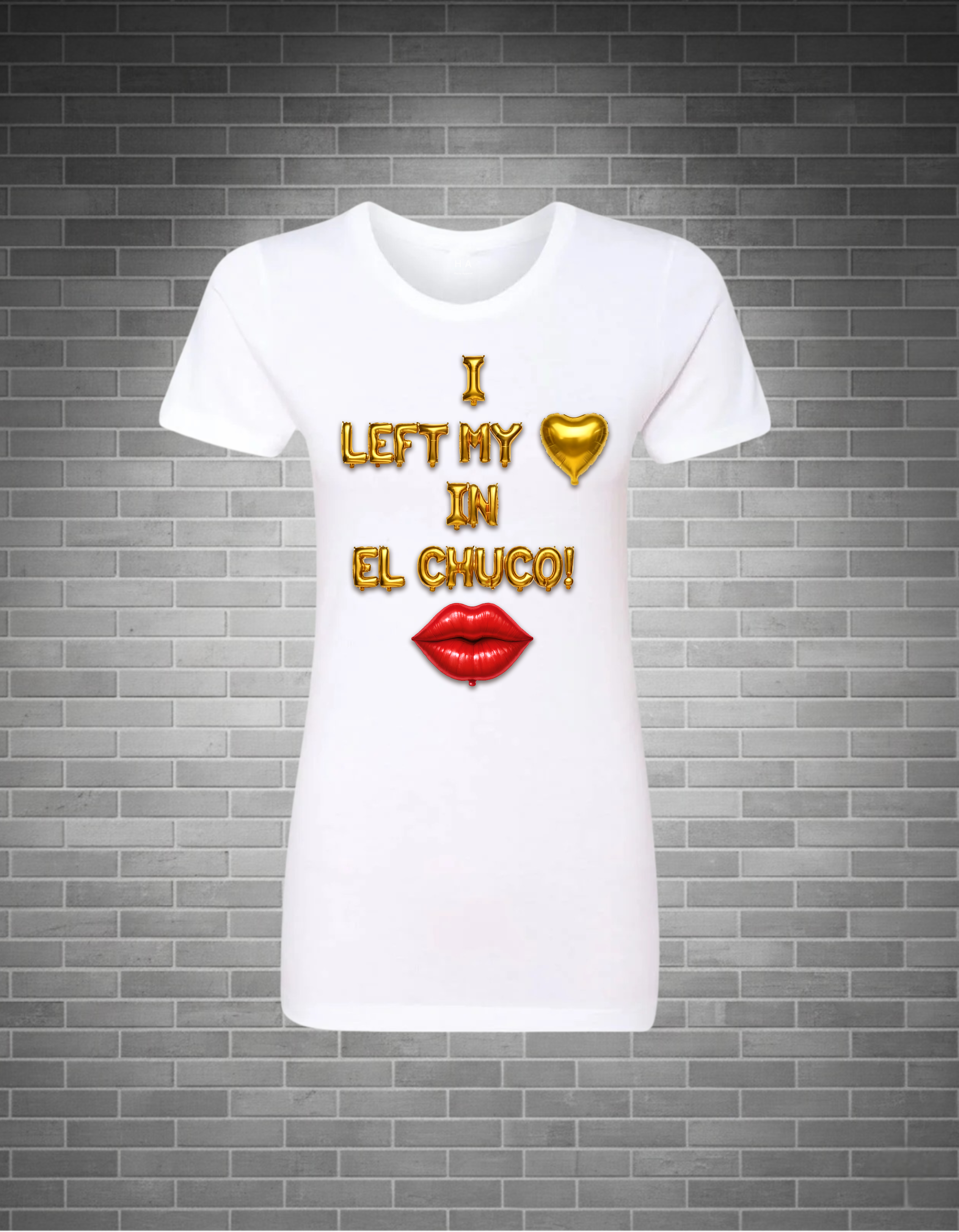 White t-shirt with graphic text and design on a brick wall background