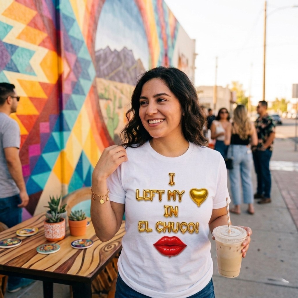 Woman holding a drink in front of a colorful mural