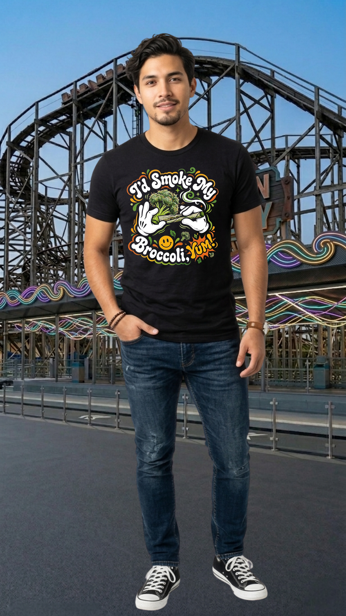 man wearing black shirt roller coaster background