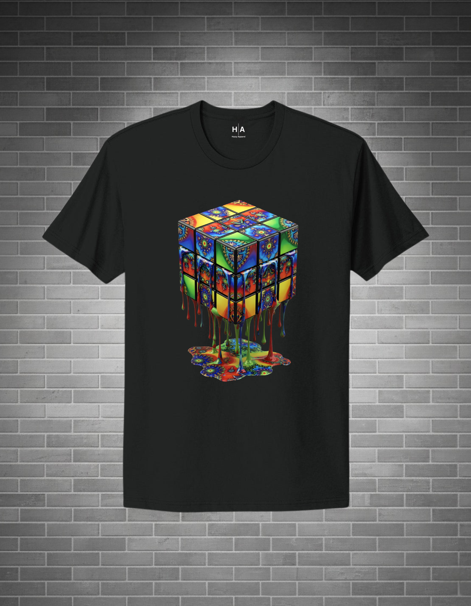 Black t-shirt with a colorful cube design on a brick wall background
